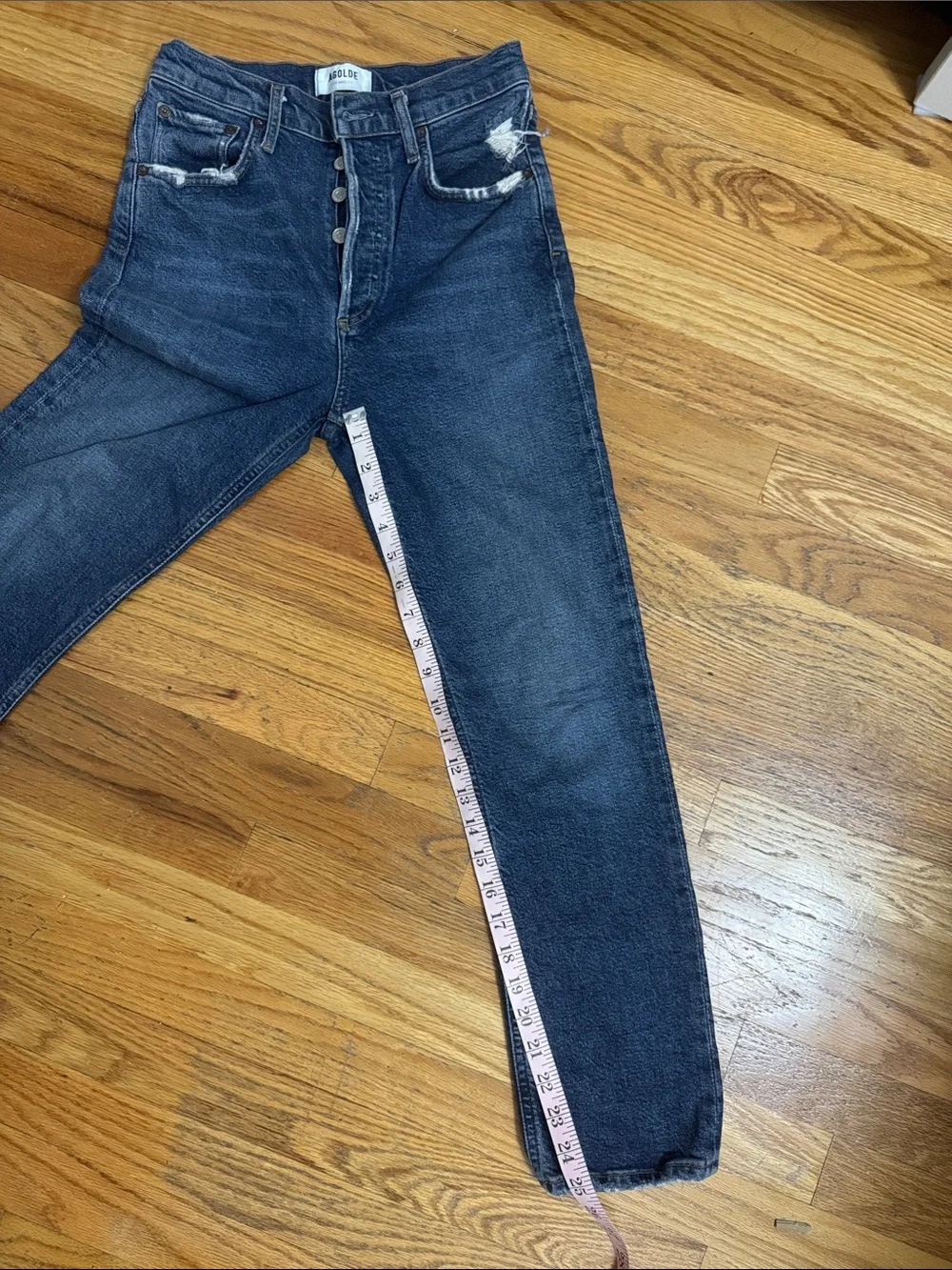 AGOLDE Dark Blue High-Rise Straight Leg Jeans with Distressed Hem - Picture 6 of 7